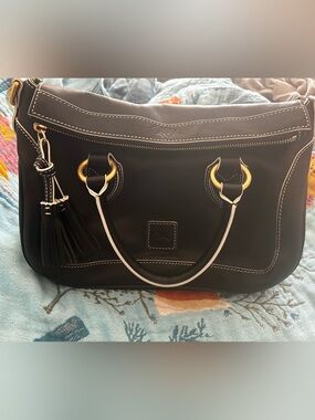 Dooney & Bourke Black Leather Tote with Gold Rings and White Trim